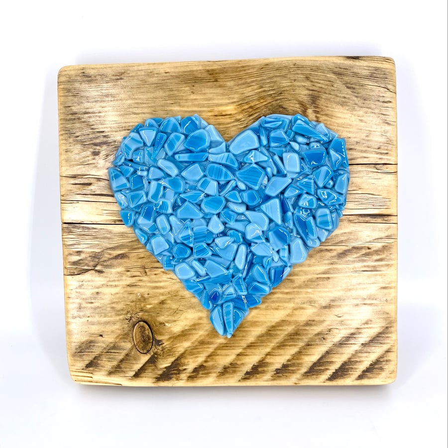 Turquoise Crushed Glass Heart on Reclaimed Wood