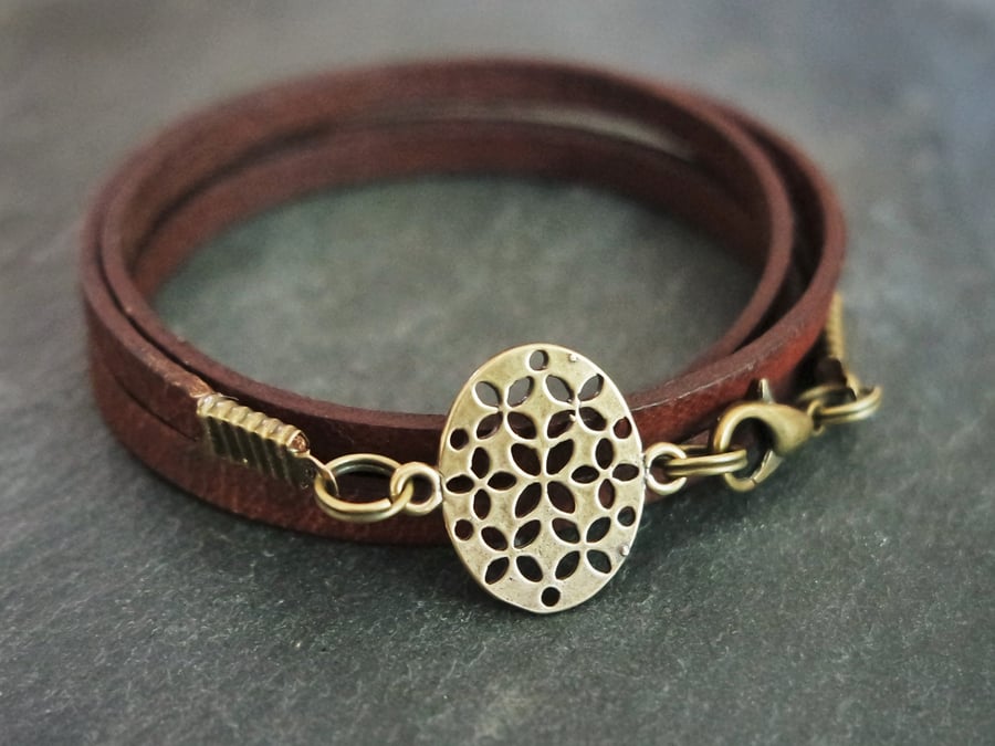 leather bracelet - flower of life oval bronze coloured