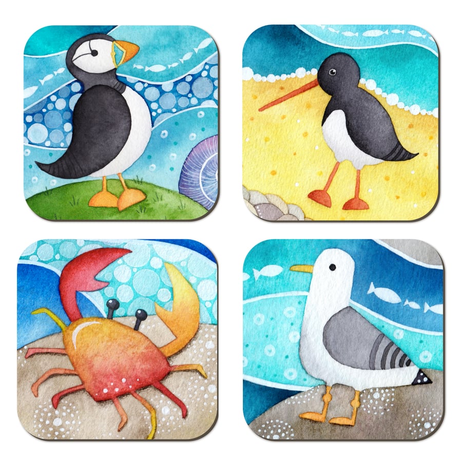 Seaside Coasters (Set of 4) - Cute Animal Art. Puffin Seagull Oystercatcher Crab
