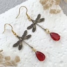 Vintage Style Dragonfly Gold Plated Drop Earrings