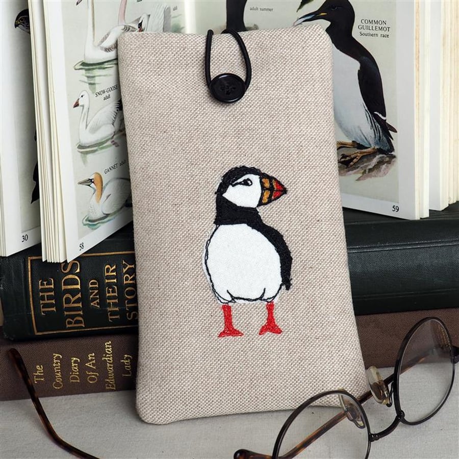 Glasses Spectacles Case Puffin Handmade Freehand Machine Embroidered 