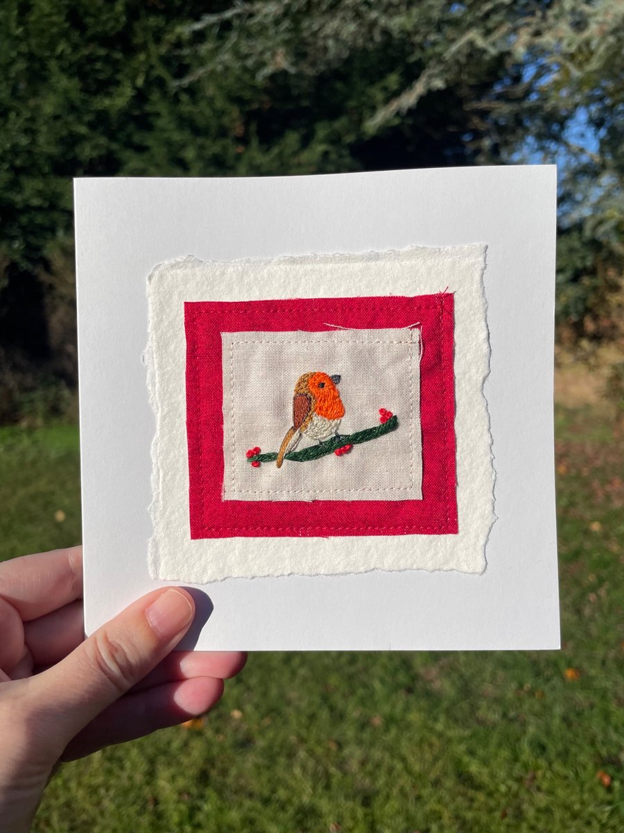 Robin, hand embroidered Christmas card, recycled card