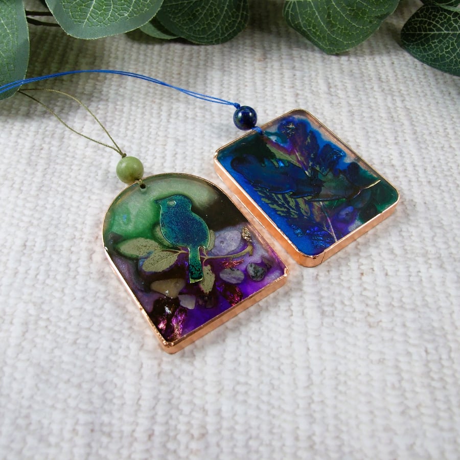 Bird Hanging Decorations, Resin with Inks and Metal Leaf 