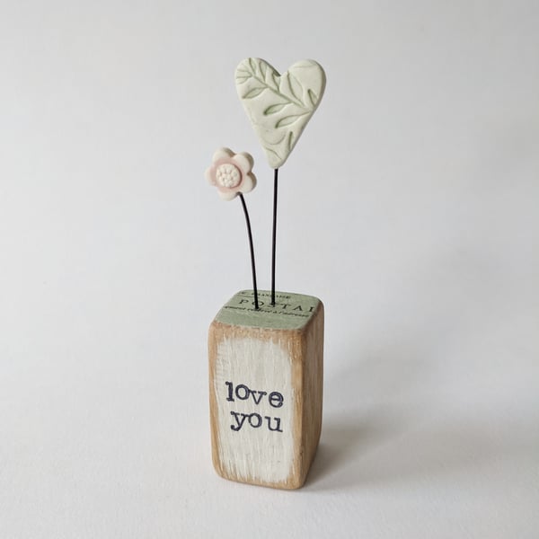 Clay Heart and Flower in a Printed Wood Block 'Love You'