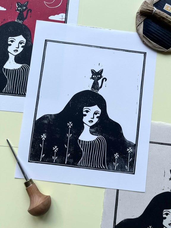Cat Lady linocut print, whimsical cosy wall art