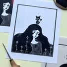 Cat Lady linocut print, whimsical cosy wall art
