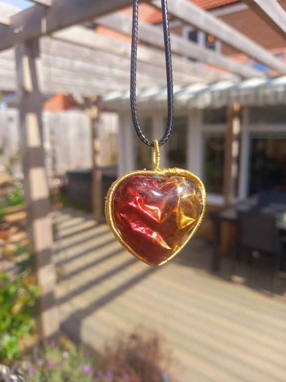 Red and Gold Crinkle Heart Necklace