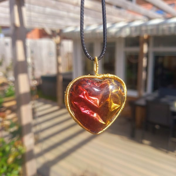 Red and Gold Crinkle Heart Necklace