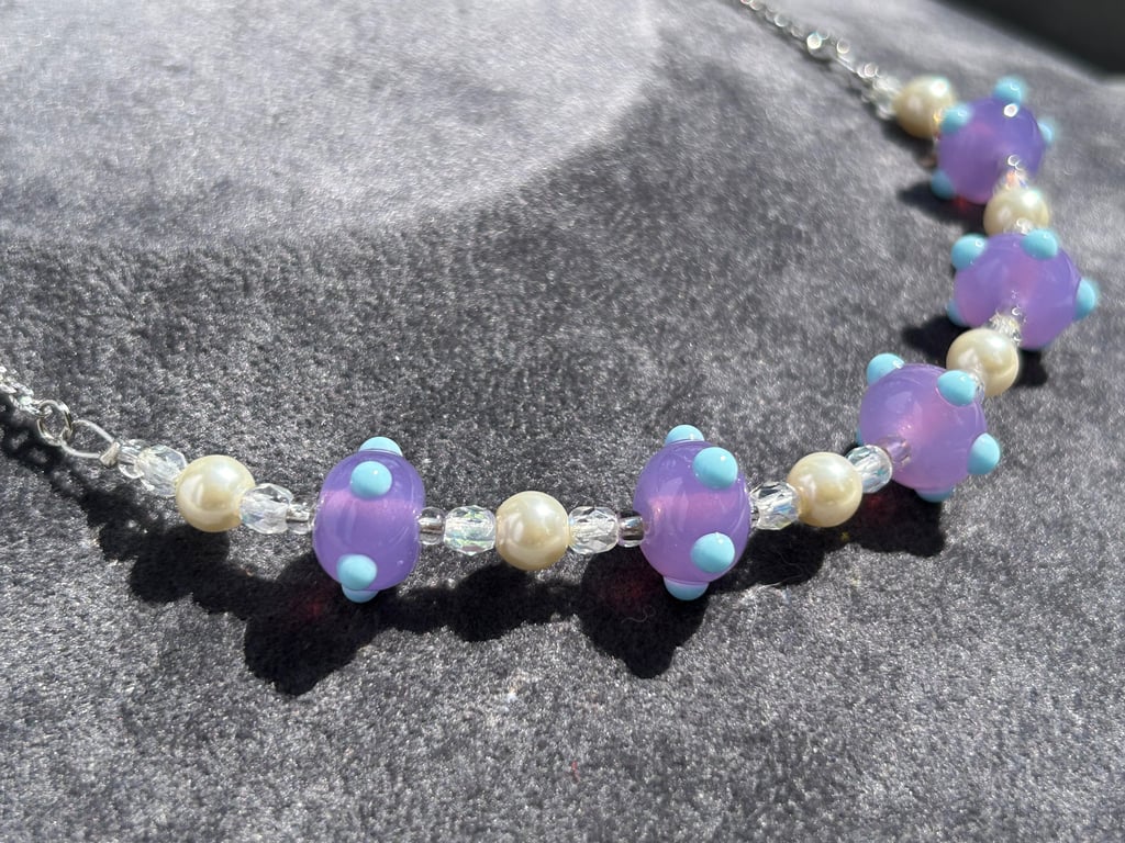 purple and sky blue lampwork glass beaded necklace