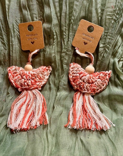 Set of Two Upcycled Boho Crochet Angels – Beige and Burnt Orange with Wooden Bea