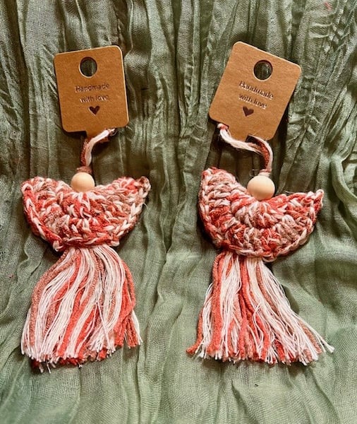 Set of Two Upcycled Boho Crochet Angels – Beige and Burnt Orange with Wooden Bea