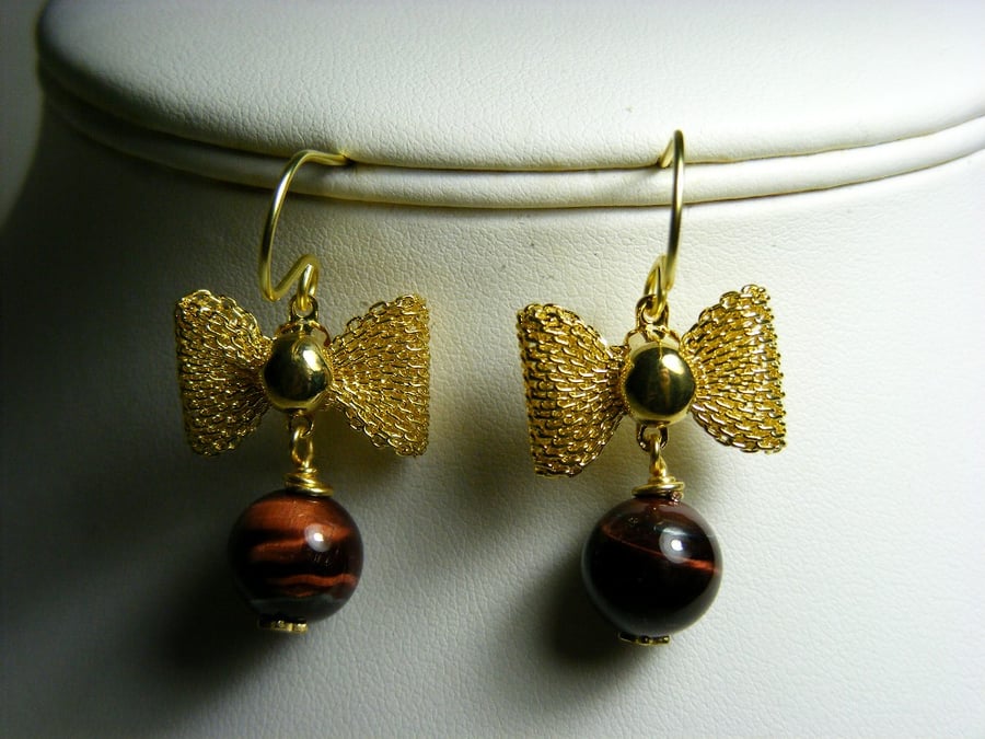 Red Tigers Eye with Gold Bow Earrings