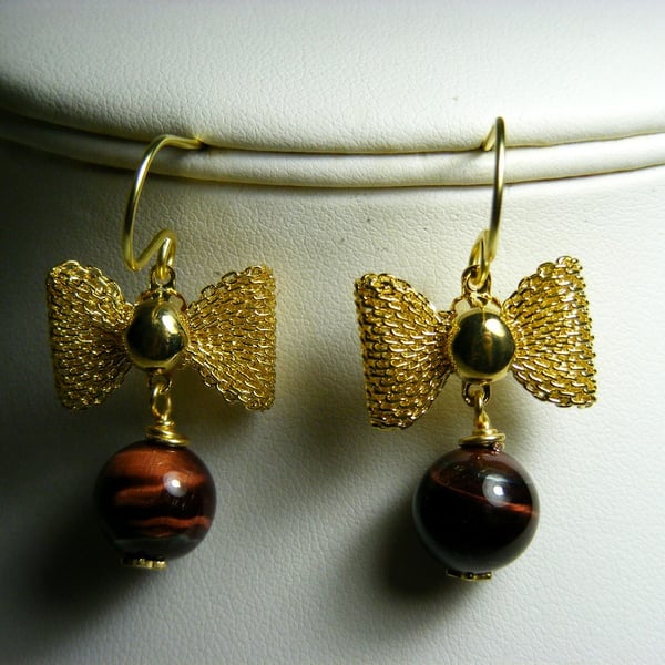 Red Tigers Eye with Gold Bow Earrings