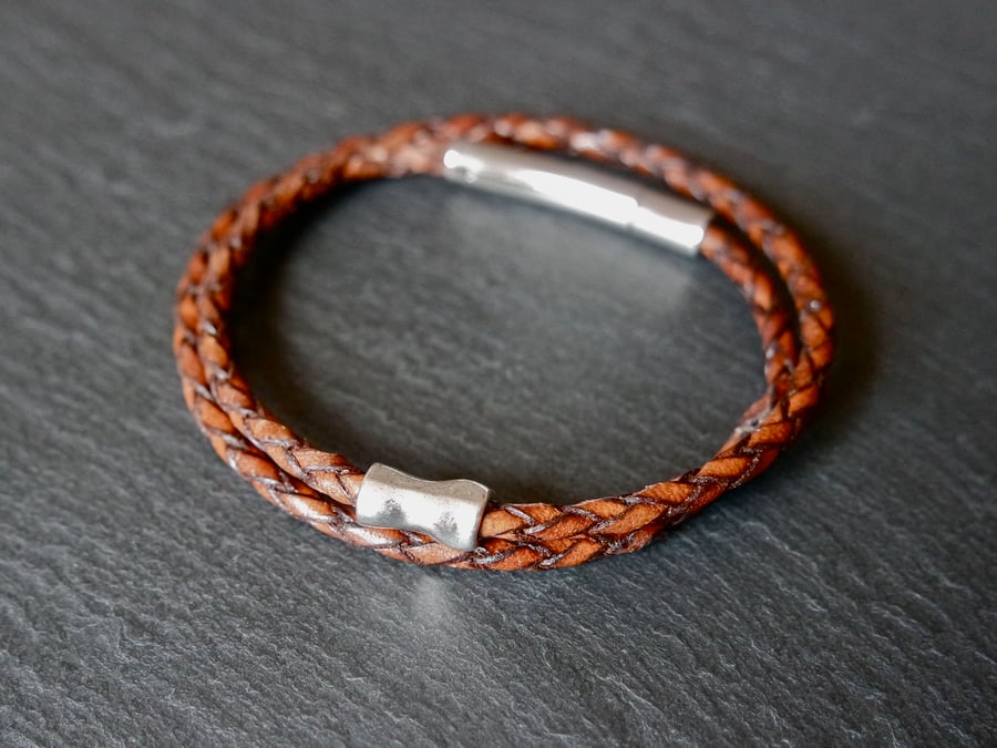 Braided leather wrap bracelet brown silver bead stainless steel bayonet clasp