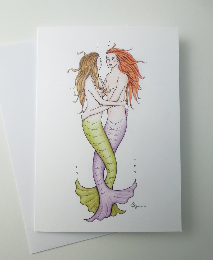 Undersea Sweethearts mermaid valentine greeting card with envelope