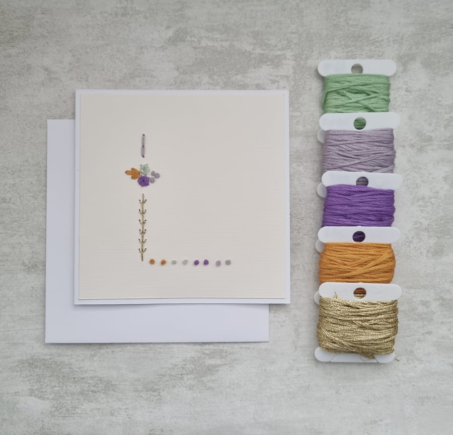 Letter L embroidered card, hand stitched initial card, hand sewn keepsake card