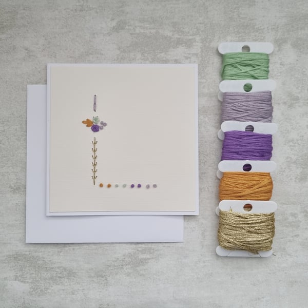 Letter L embroidered card, hand stitched initial card, hand sewn keepsake card