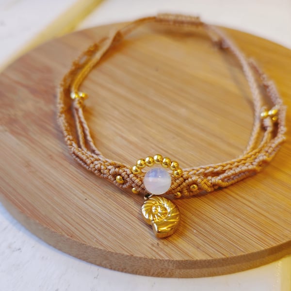 Handmade Adjustable Macramé Choker – Moonstone & Nautilus Shell