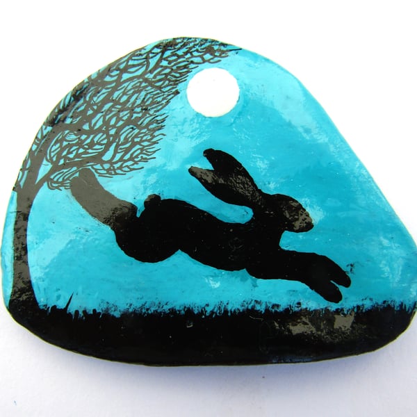 Hare Painting on Shell, Moon Tree, Bunny Rabbit Silhouette, Seashell Art Magnet