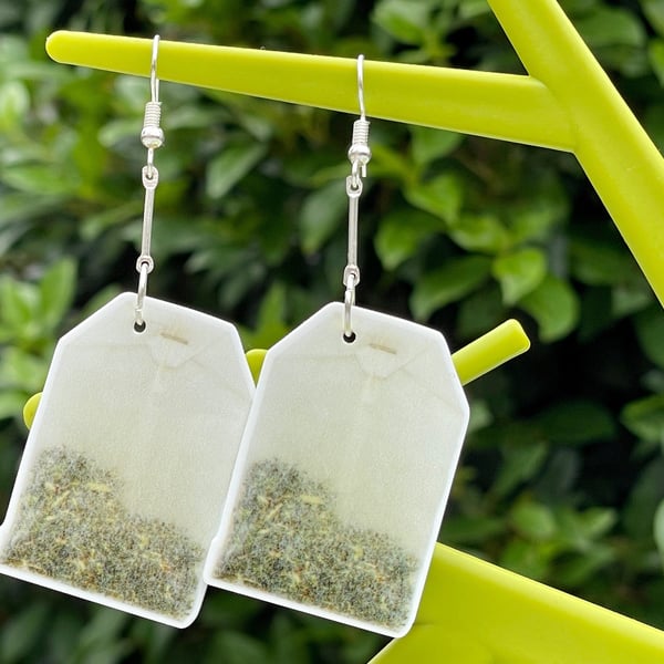 TEA BAG EARRINGS resin planar drop bar cute cool silver plated 