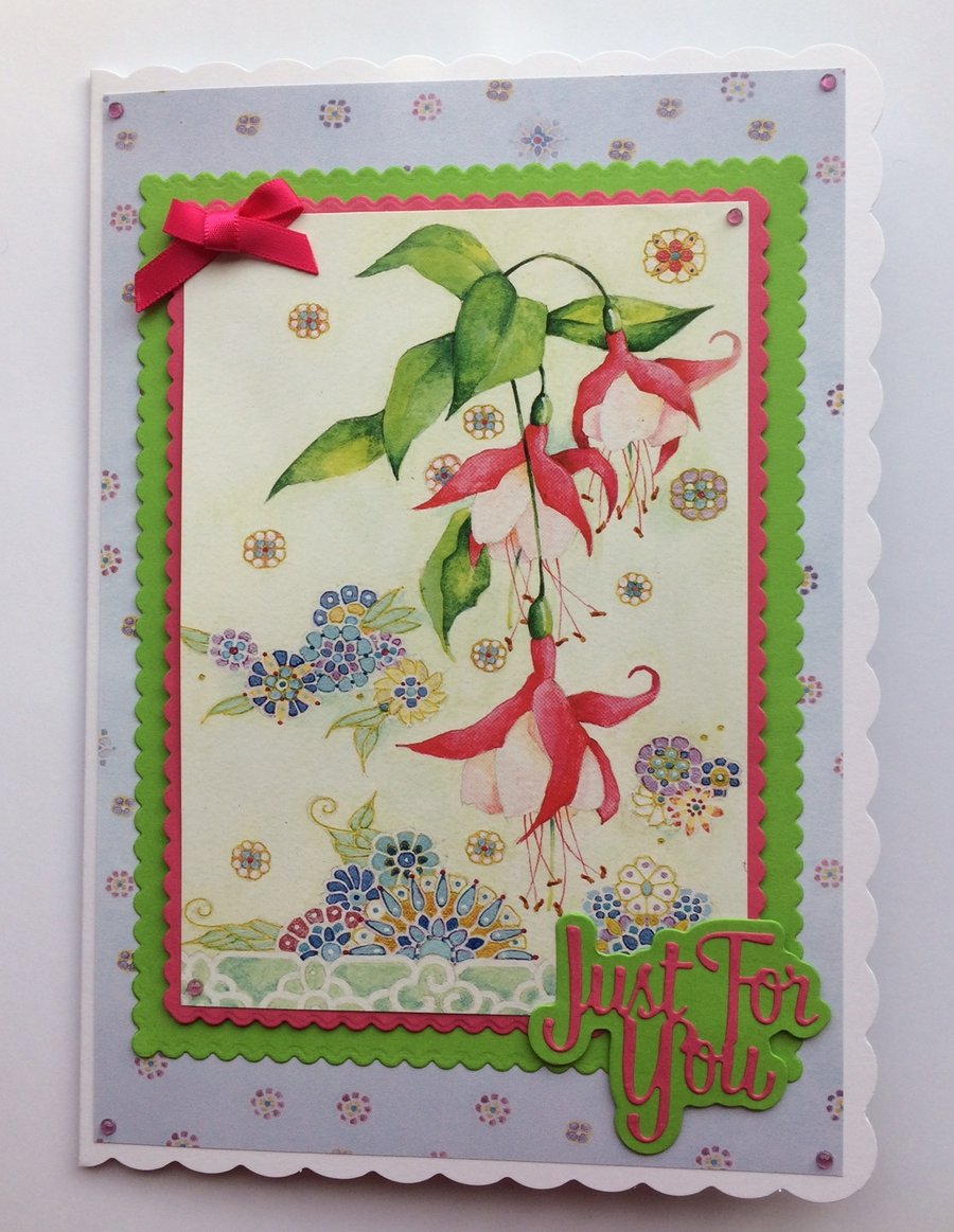 Just for You Card Oriental Fuchsia Flowers Sympathy Get Well 3D Luxury Handmade 