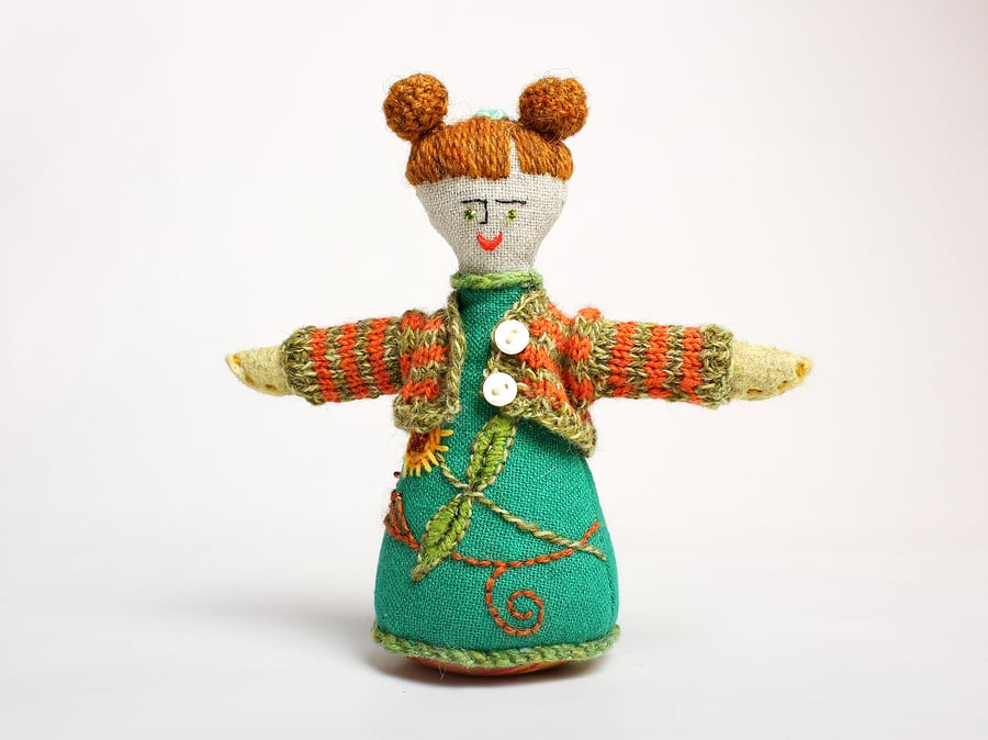 Emerald linen small ornamental doll with hand embroidered dress and hand knitted