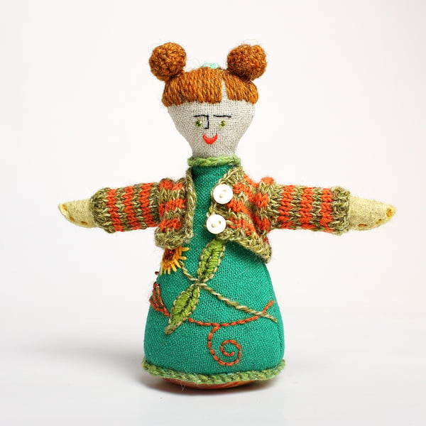 Emerald linen small ornamental doll with hand embroidered dress and hand knitted