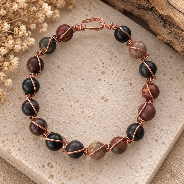 Copper Wire Wrapped Picasso Jasper Bracelet Handmade Rustic Jewellery,Wild Ear