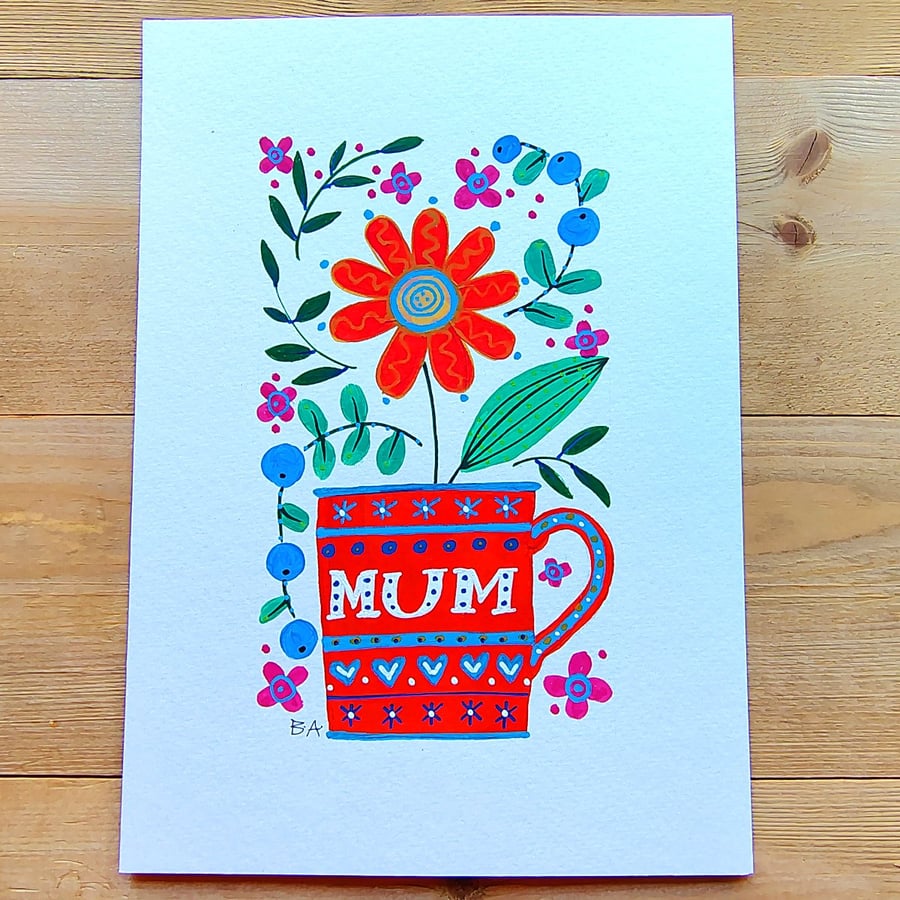 Mum mug folk art original painting with flowers, A5 unique gift mothers day 