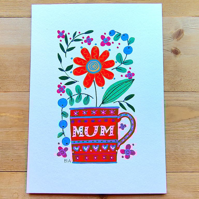 Mum mug folk art original painting with flowers, A5 unique gift mothers day 