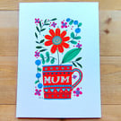 Mum mug folk art original painting with flowers, A5 unique gift mothers day 