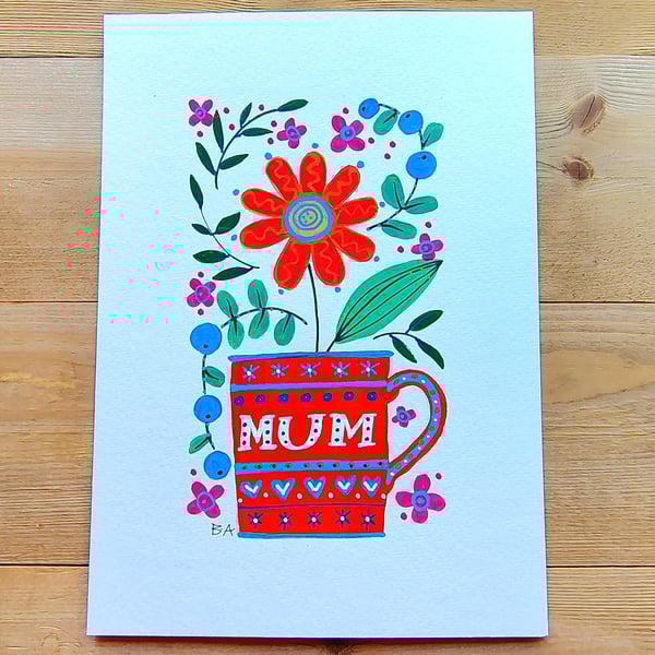 Mum mug folk art original painting with flowers, A5 unique gift mothers day 