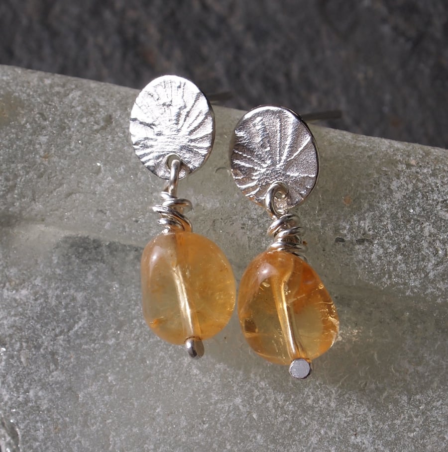 Stud earrings - sterling silver with zesty citrine