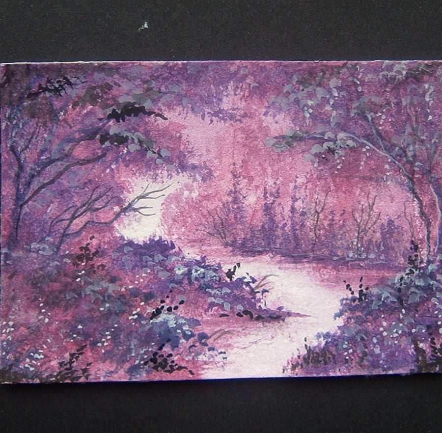 Purple fantasy landscape art painting aceo ref 276