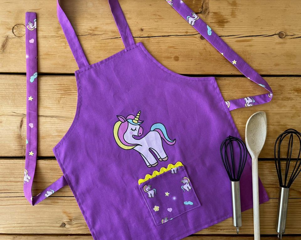 Handmade Children's Apron, Small Apron, Coloured Unicorn Design 1-3 yrs-CAPR20