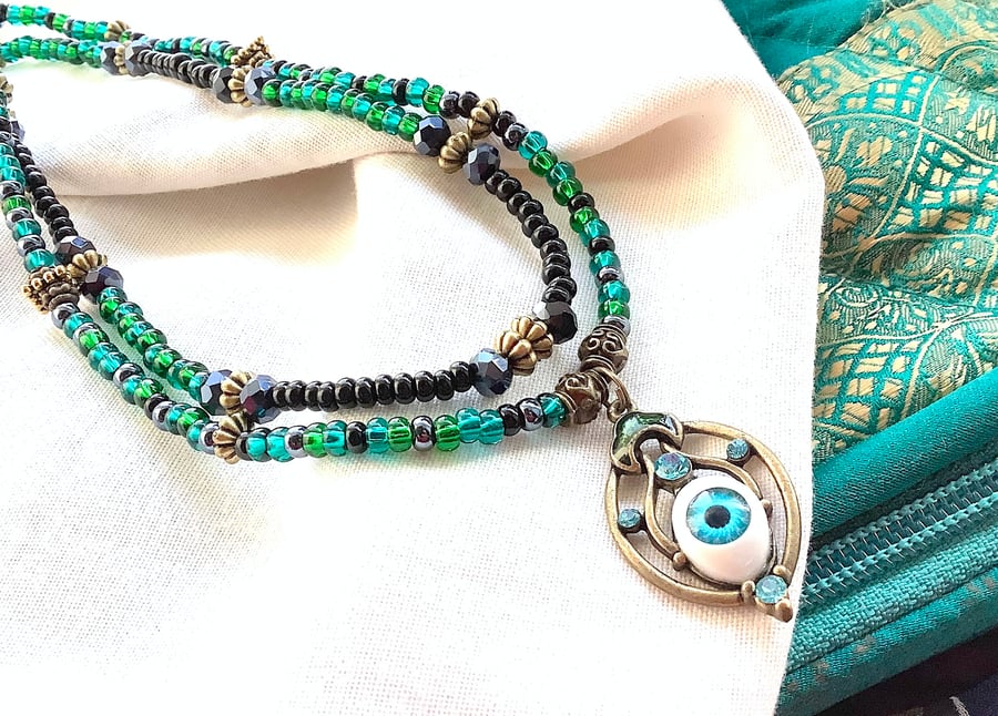 Eye pendant bead necklace, copper teal turquoise colours, funky upcycled