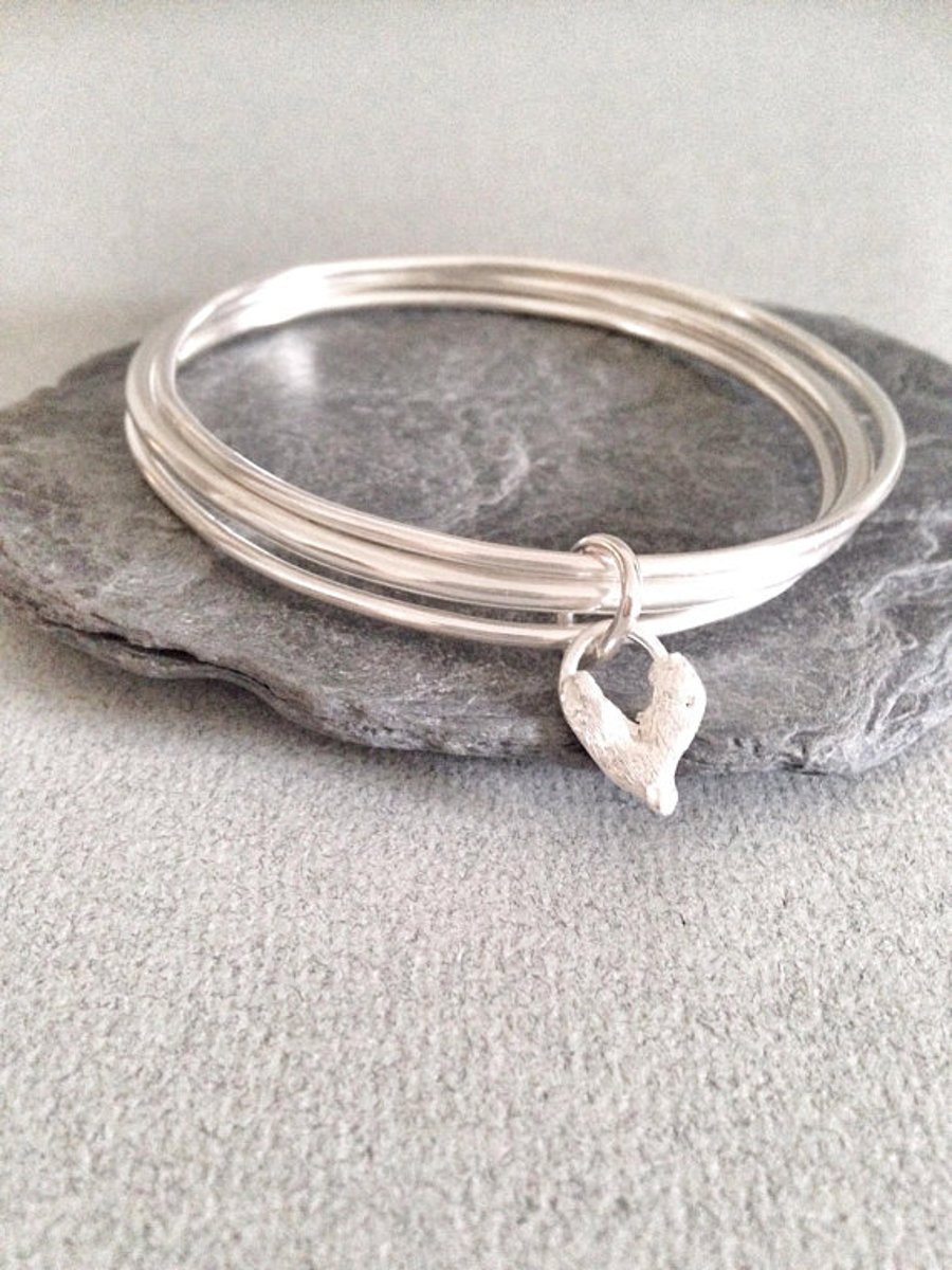 Silver Bangles with Solid Silver Heart - Silver Bangles