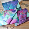 Origami Envelope Set - Watercolour Style Metallic Flowers Violet Bluye Green