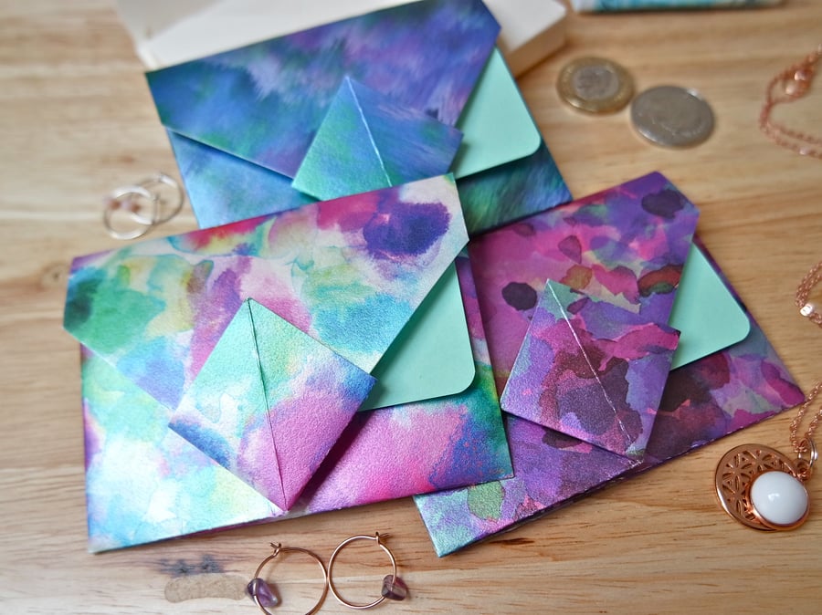 Origami Envelope Set - Watercolour Style Metallic Flowers Violet Bluye Green