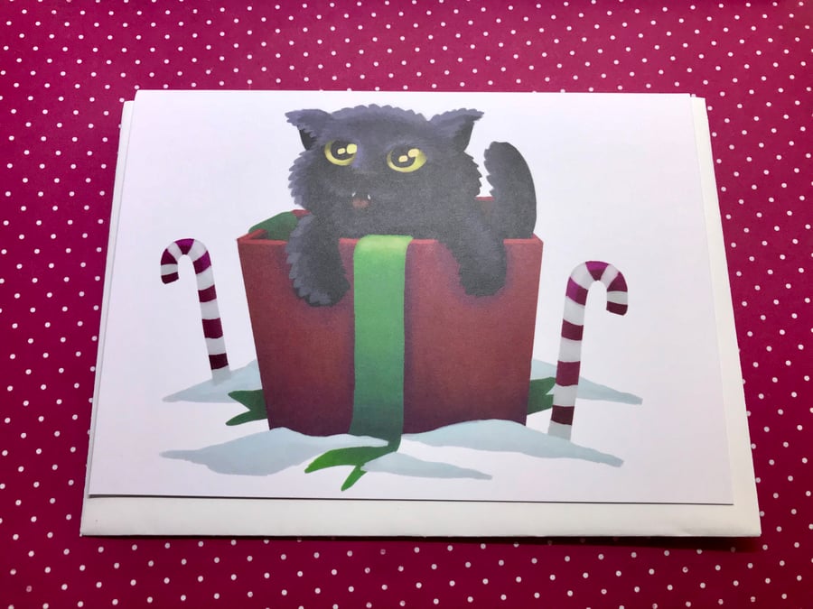 Christmas Cat in a Box Blank Greeting Card
