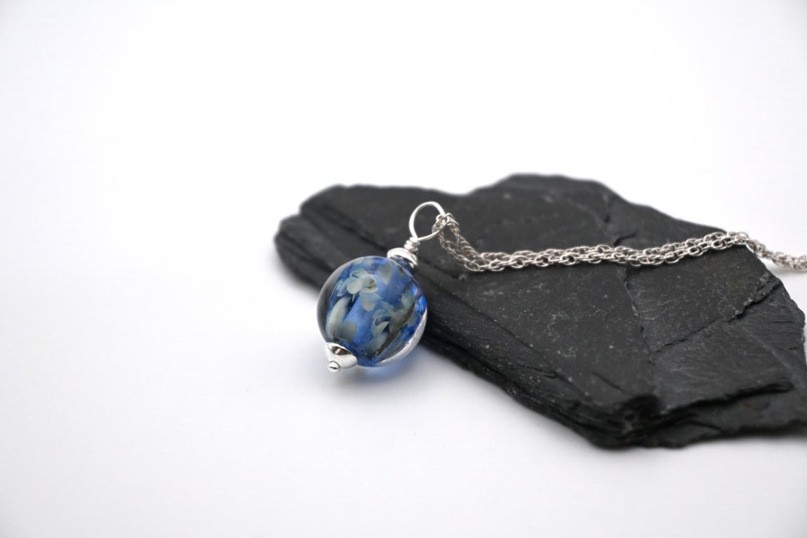 blue sphere lampwork glass pendant necklace