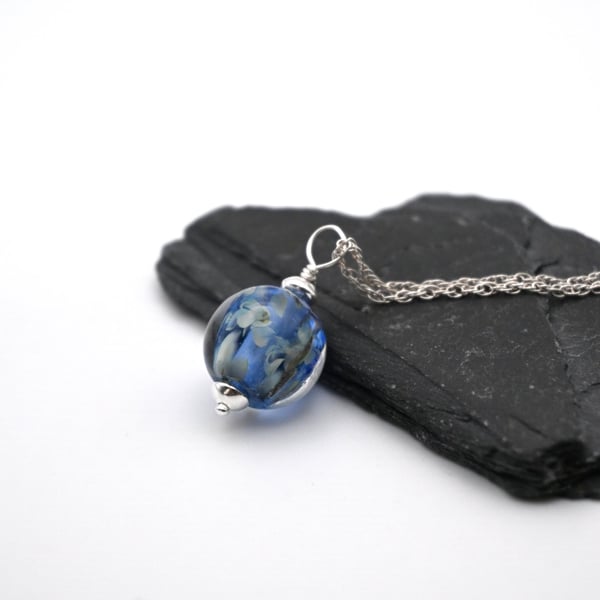 blue sphere lampwork glass pendant necklace
