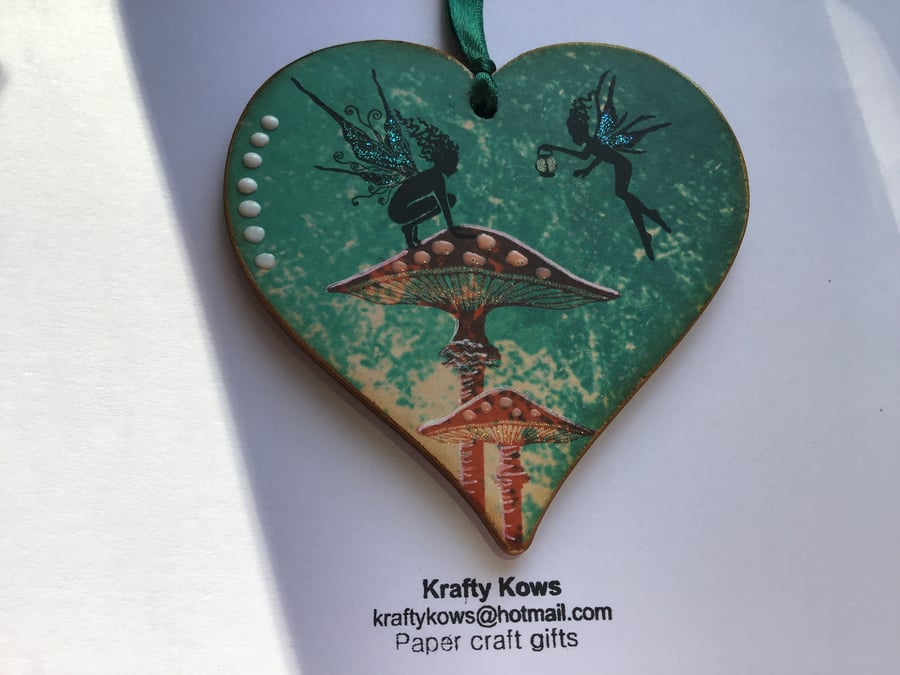 Forest Fairies and Mushroom Wooden Hanging Heart Decoration