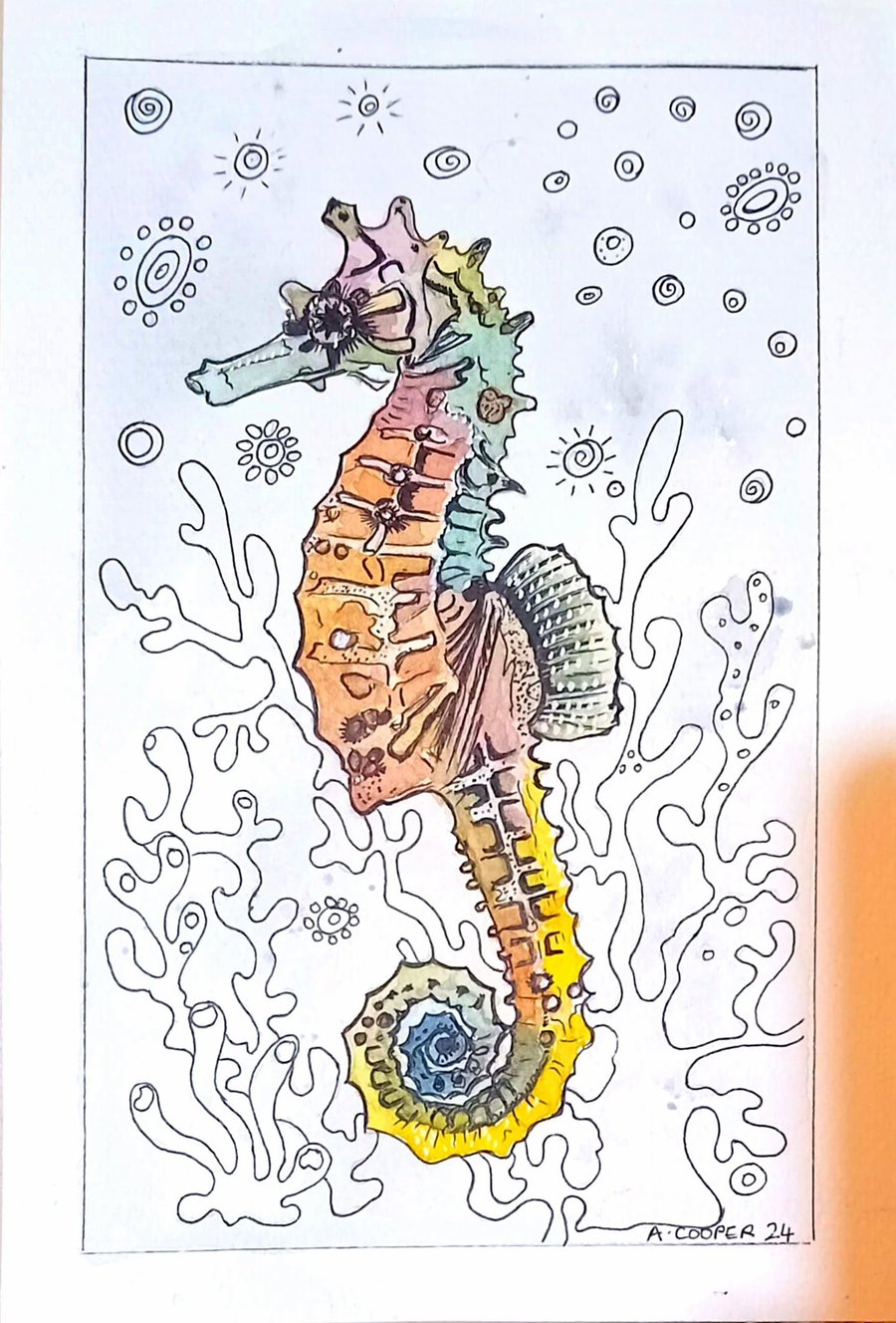 , THE SEAHORSE, An original watercolour and fine liner painting 