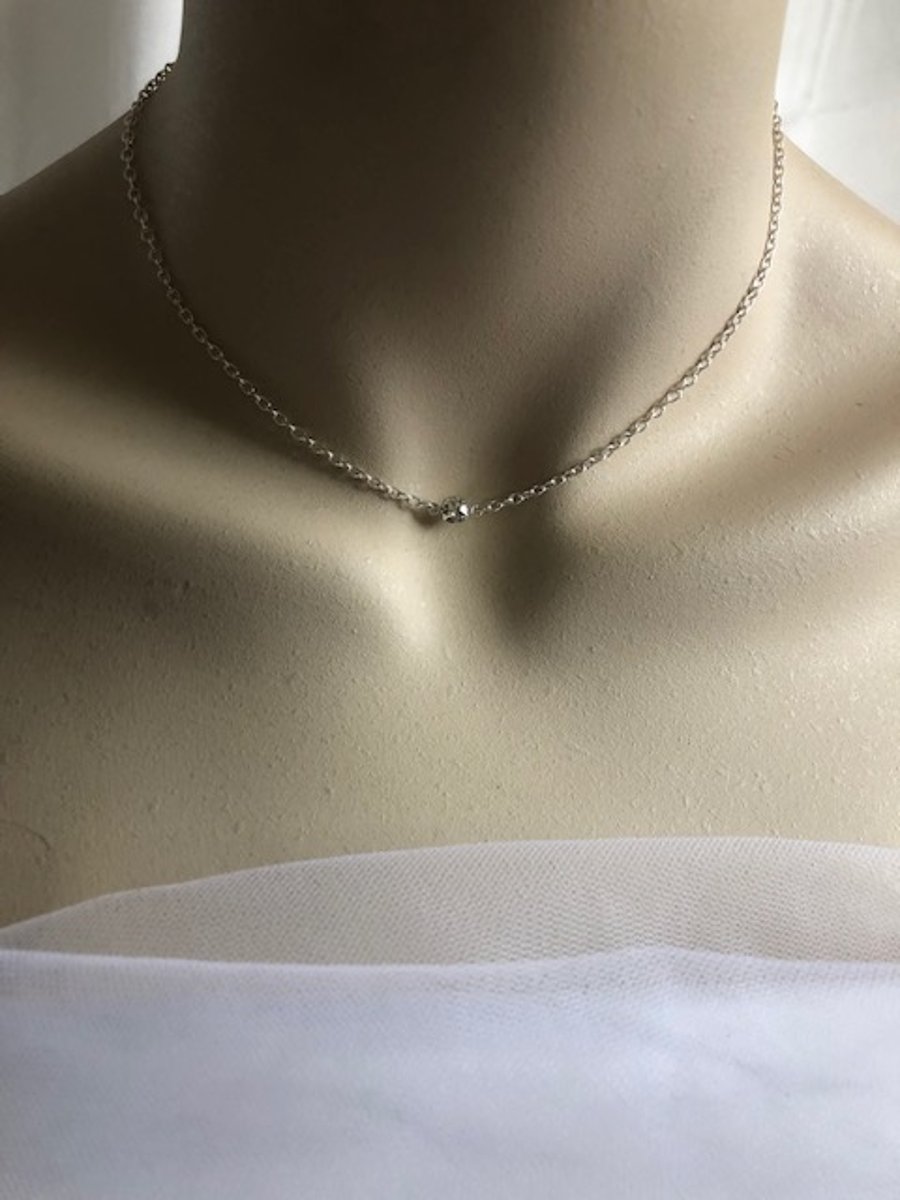 Single Diamante Choker Necklace - Silver Choker Chain - Minimalist Necklace