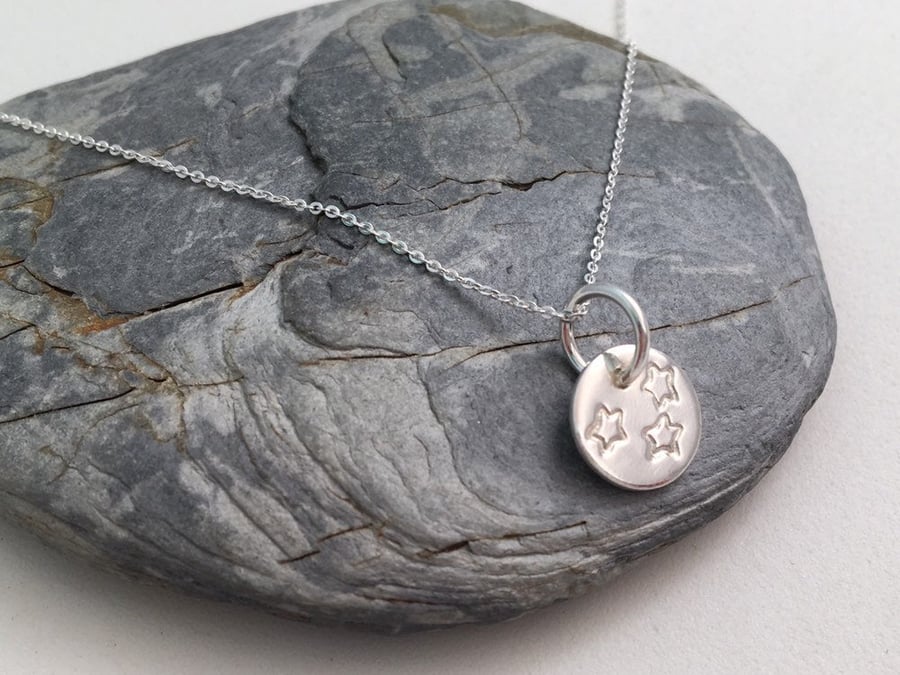Star Disc Necklace, Sterling Silver Star Stamped Necklace, Cosmic Necklace