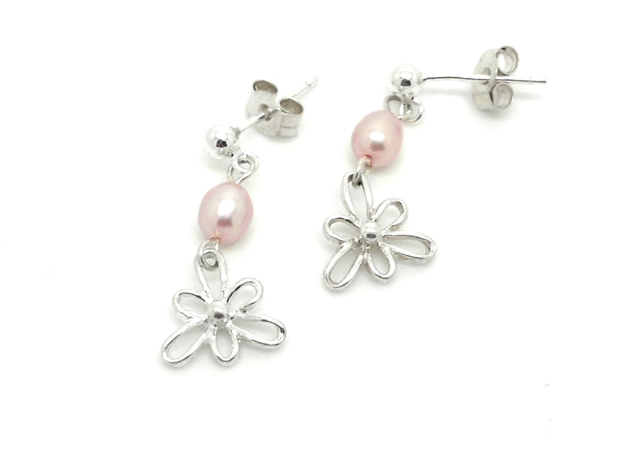 Iris Flower Pearl Drop Earrings Sterling Silver 