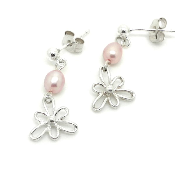 Iris Flower Pearl Drop Earrings Sterling Silver 