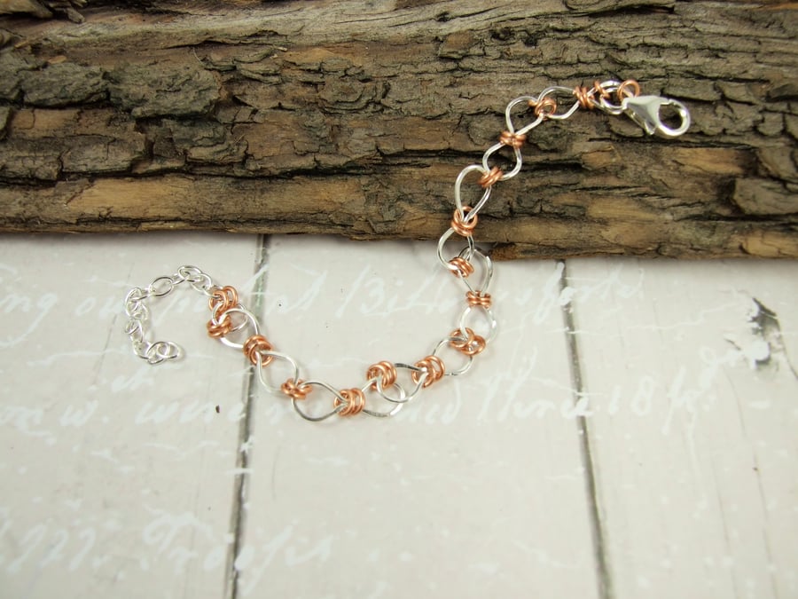Bracelet, Sterling Silver and Copper Hand Forged Figure of 8 Chain Link Bracelet
