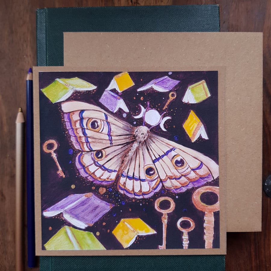 The Moon Librarian Moth - blank card from original artwork